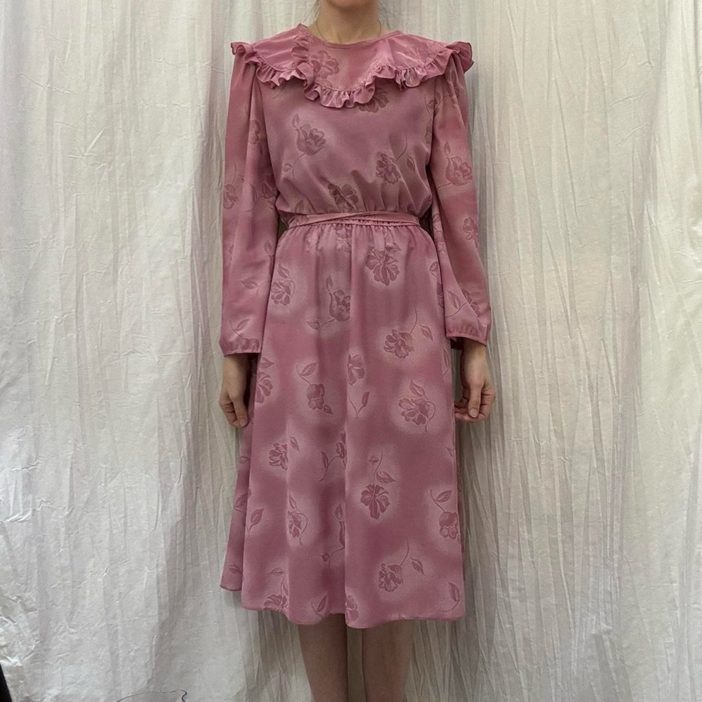 Peter Pan ruffle collar floral long‎ sleeve midi dress vintage 1970s